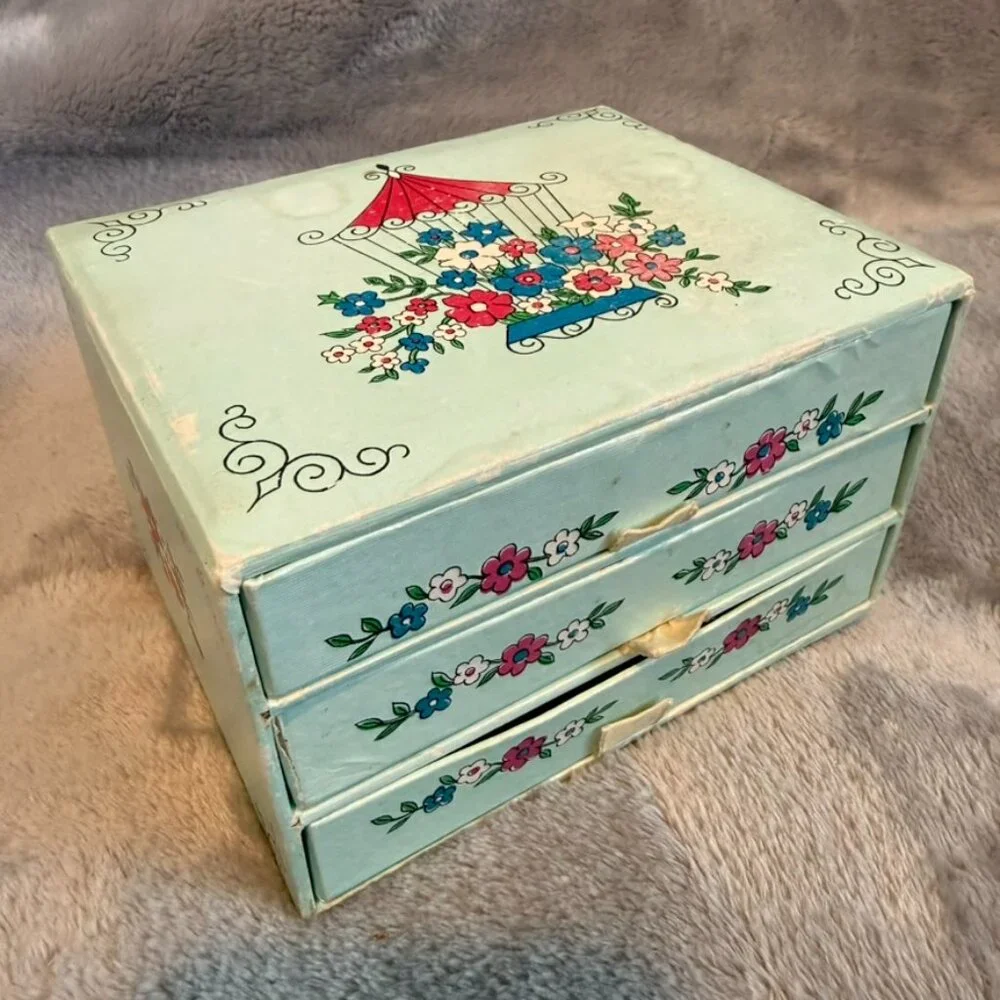 Vintage 1967 Dan-Dee Imports Cardboard Keepsake Jewelry Box 3-Drawer Floral